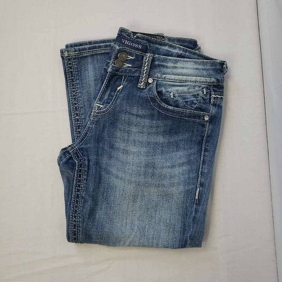 Vigoss Womens Capri Jeans Blue Stretch Pockets Embroidered Medium Wash Denim 7 - Picture 6 of 12